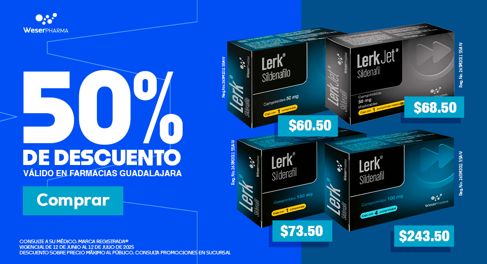 Lerk 50% de descuento Válido en Farmacias Guadalajara.